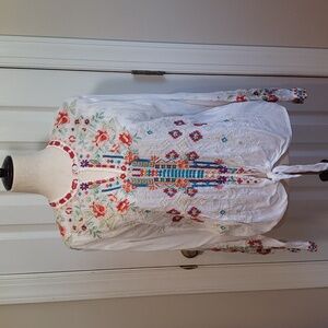 Johnny Was Donya White Top with Multicolor Embroidery